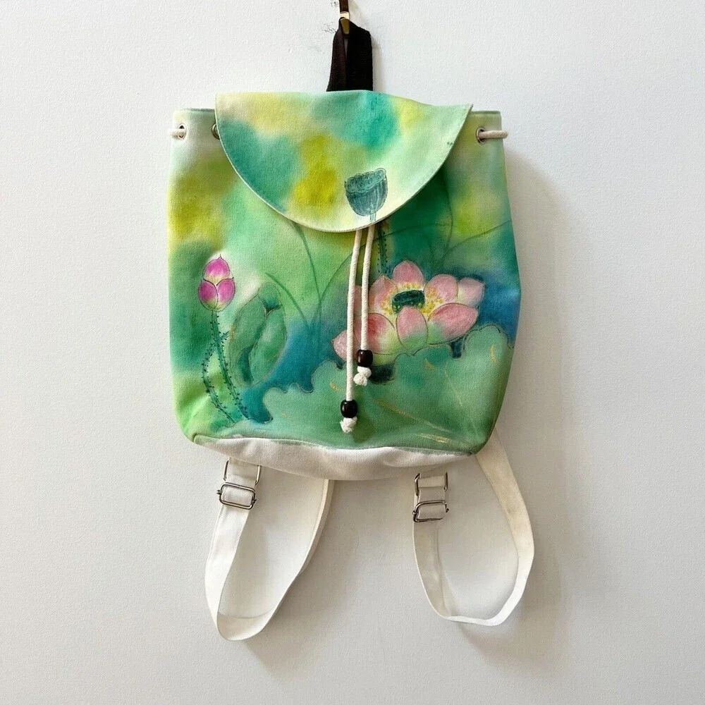 Hand Painted Canvas Backpack Floral Tulip Lily Green